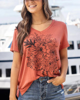 Grace and Lace Perfect V-Neck Graphic Tee - Sketched Floral