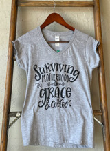 Surviving Motherhood On Grace & Coffee Graphic V-Neck Tee - Heather Gray