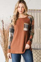 Solid Waffle and Plaid Top In Rust