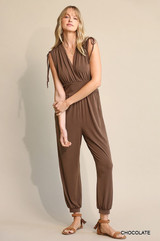 Solid & Ruched Drawstring Detail Jogger Jumpsuit- In Chocolate 