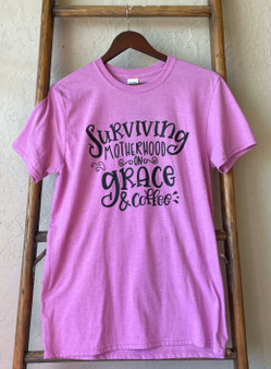 Surviving Motherhood On Grace & Coffee Graphic Tee - Heather Pink