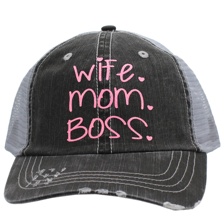 Wife. Mom. Boss. - Distressed Grey Trucker Cap