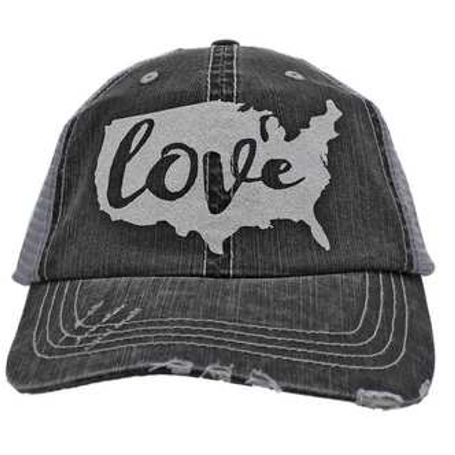 Love (United States Shape Patriotic Hat) - Distressed Grey Trucker Cap