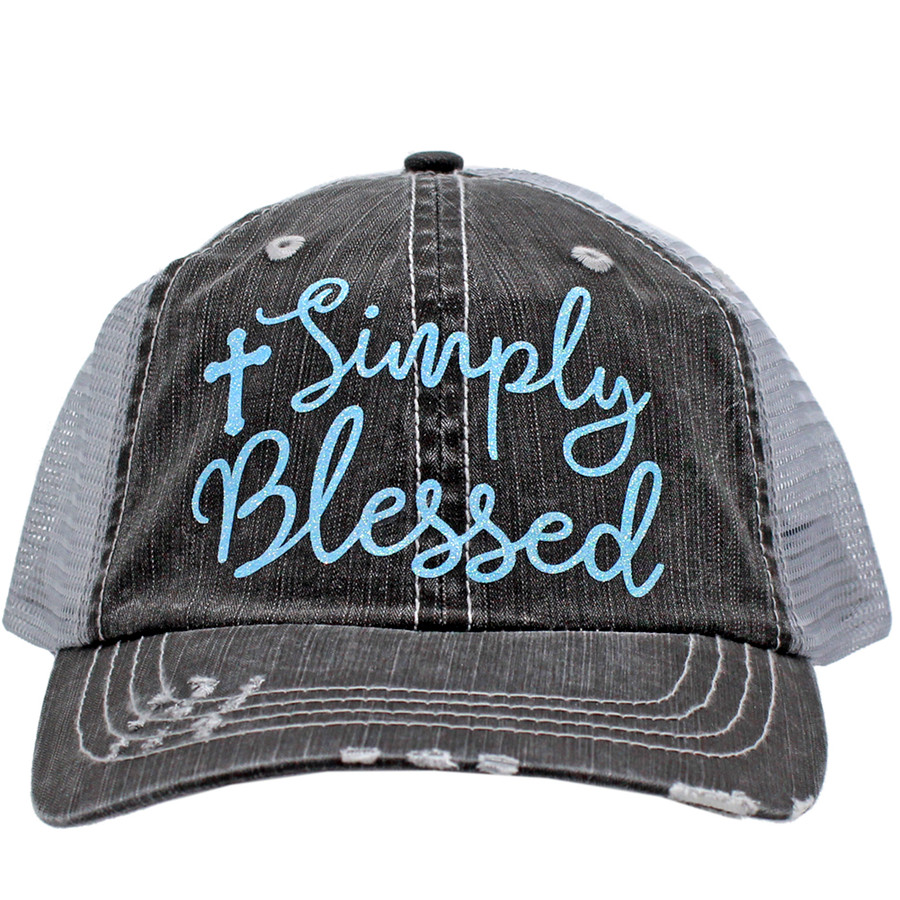 Simply Blessed Trucker Cap (Blue) - Distressed Grey