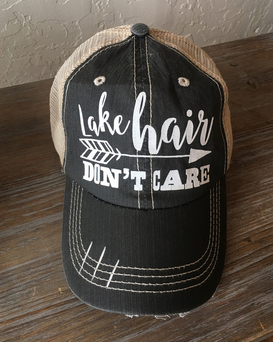 Signature Collection - Lake Hair Don't Care Trucker Cap - Distressed Dark Grey