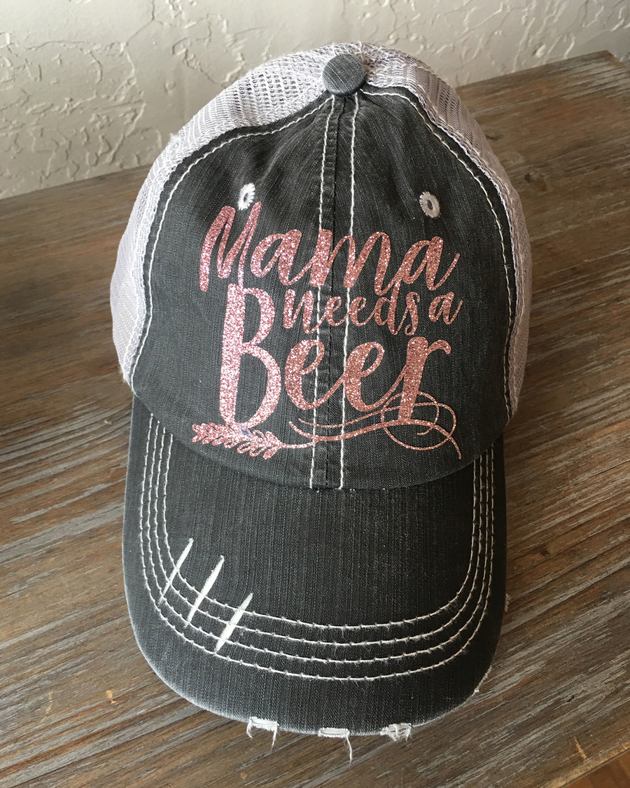 Signature Collection - Mama Needs a Beer Trucker Cap (Rose Gold) - Distressed Grey
