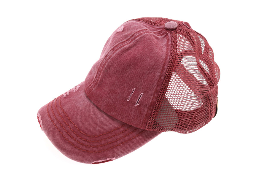 Distressed Mesh Back High Pony CC Ball Cap - Burgundy