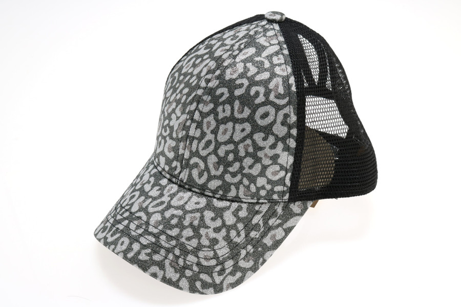 Leopard Glitter High Ponytail CC Ball Cap - Black