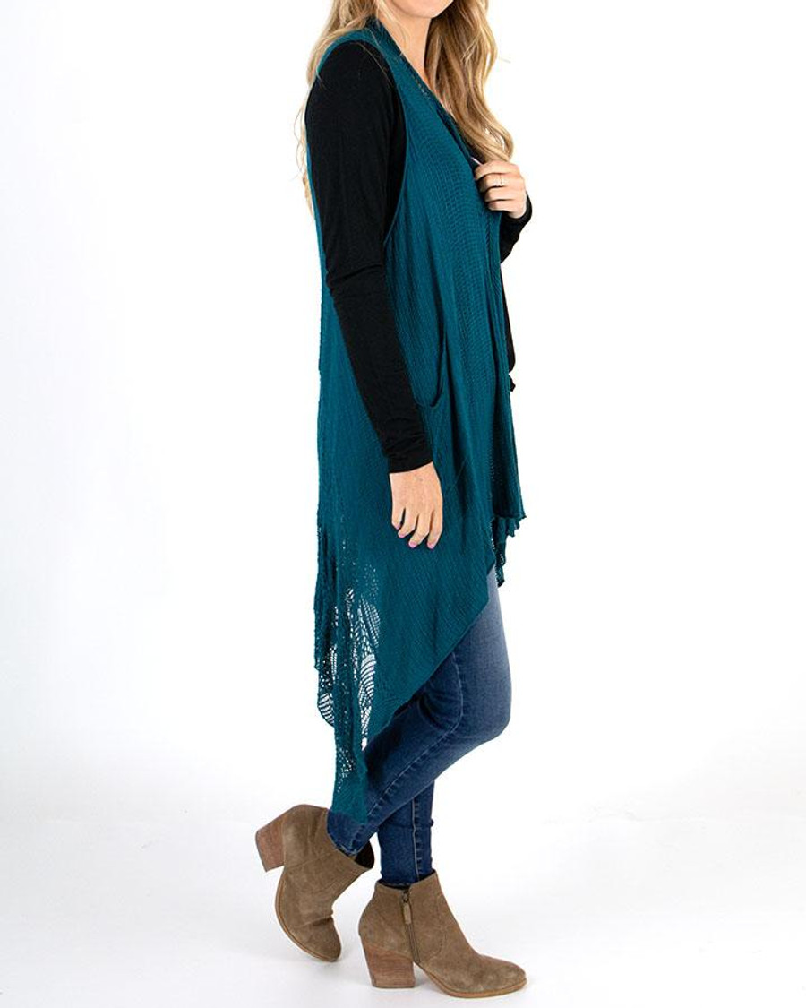 Grace and Lace Pointelle Duster Flip Cardi - Teal