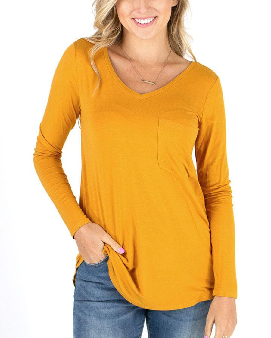 Grace and Lace Long Sleeve Perfect Pocket Tee - Goldenrod