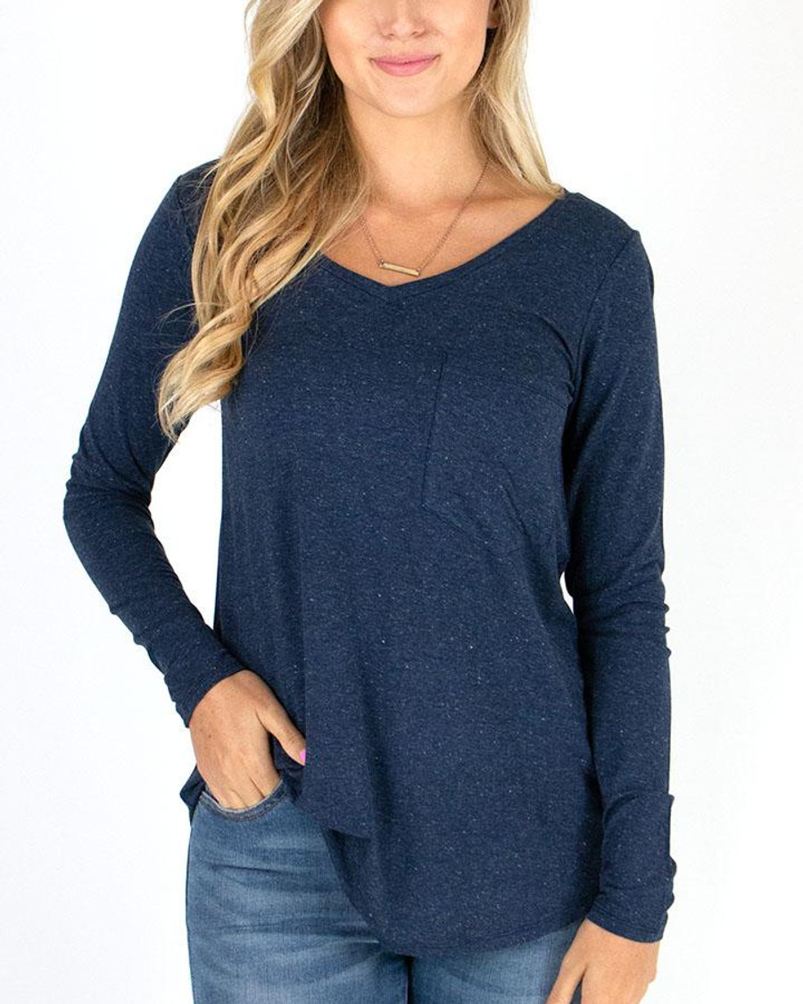 Grace and Lace Long Sleeve Perfect Pocket Tee - Heathered Navy