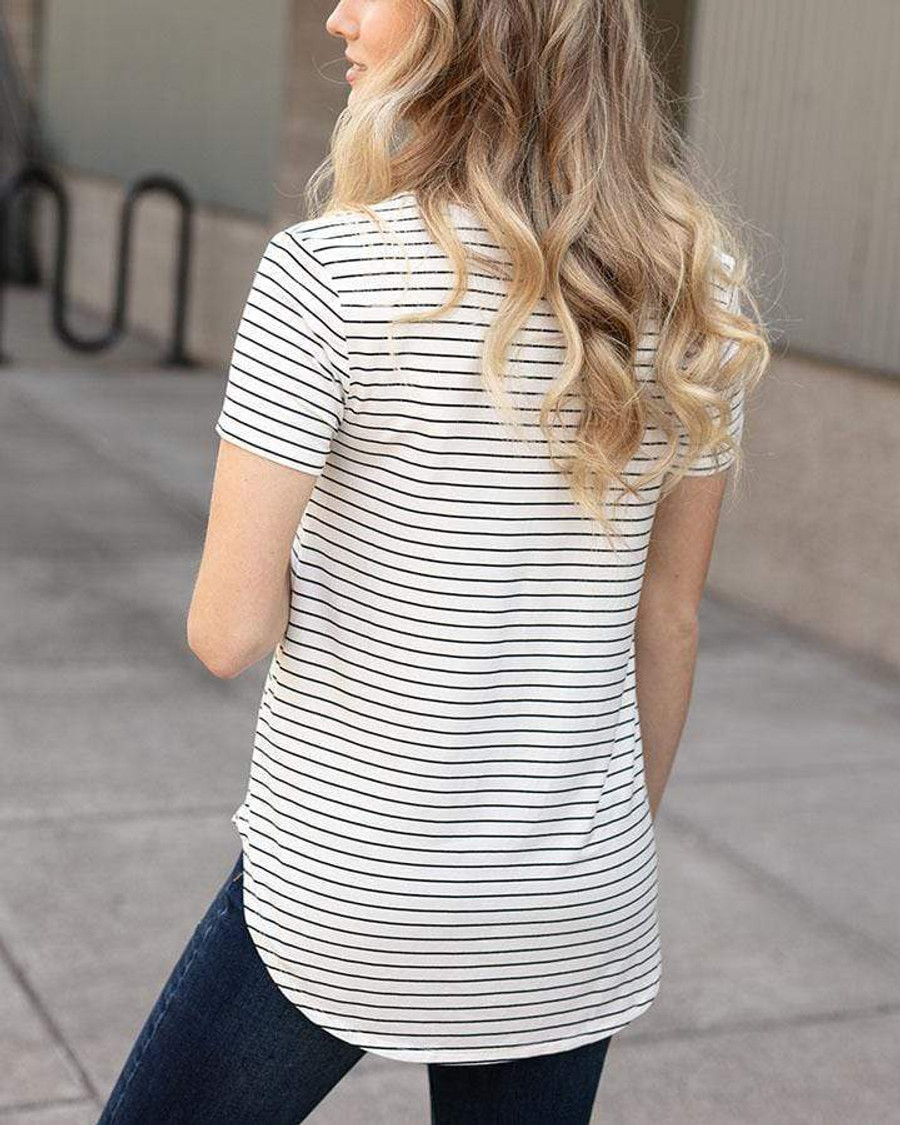 Grace and Lace Perfect V-Neck Tee in Fashion Prints - Ivory/Black Mini Striped