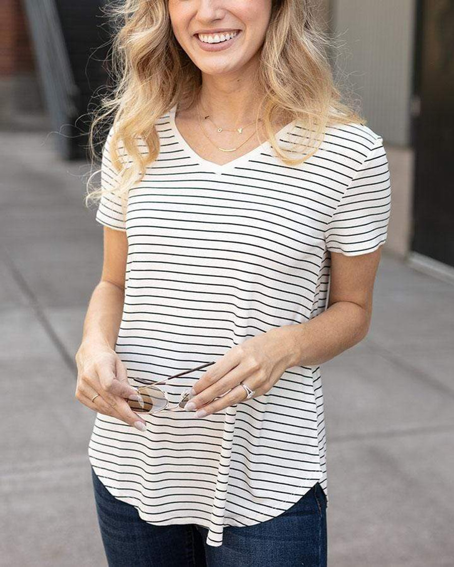 Grace and Lace Perfect V-Neck Tee in Fashion Prints - Ivory/Black Mini Striped