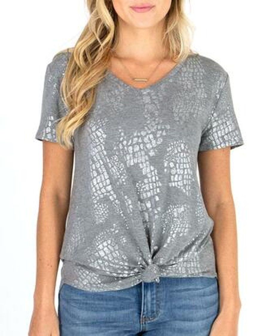 Grace and Lace Perfect V-Neck Tee in Fashion Prints - Silver/Grey Foiled Animal