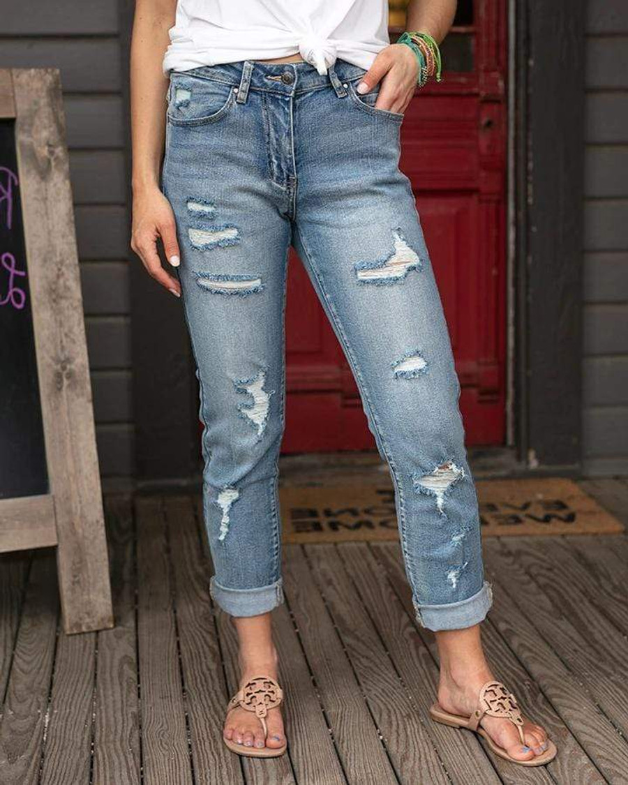 Grace and Lace Favorite Girlfriend Jeans - Distressed - Mid Wash