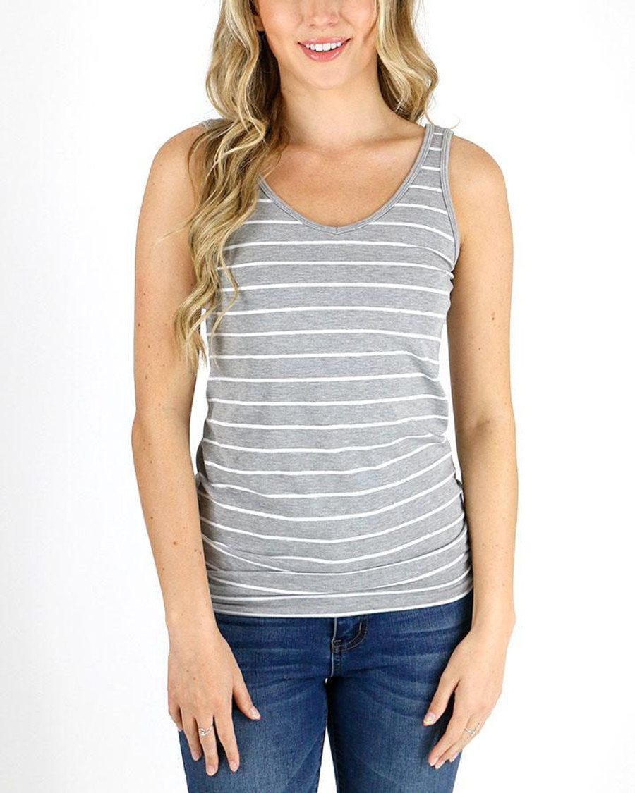 Grace and Lace Reversible Perfect Fit Tank - Grey/Ivory Stripe Shorter Length