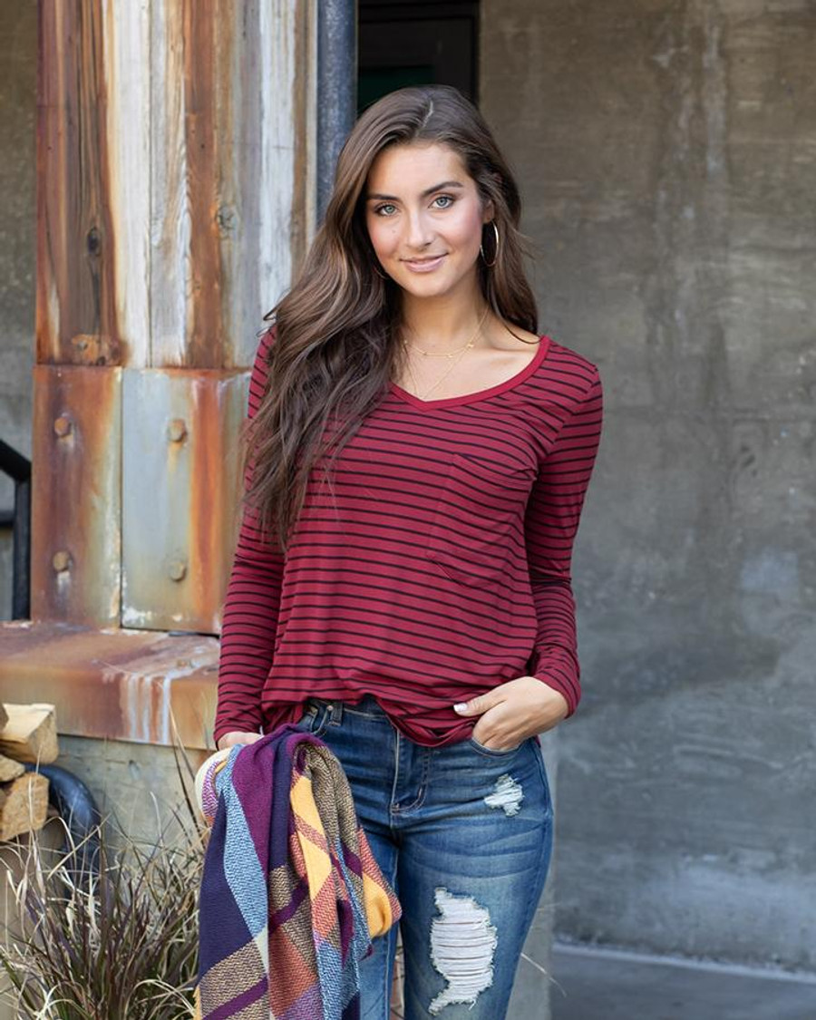 Grace and Lace Long Sleeve Perfect Pocket Tee in Fashion Print - Wine Stripe