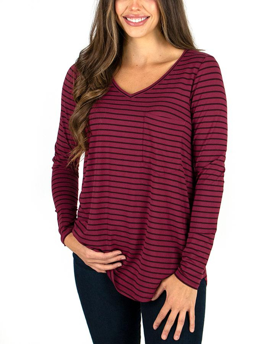 Grace and Lace Long Sleeve Perfect Pocket Tee in Fashion Print - Wine Stripe