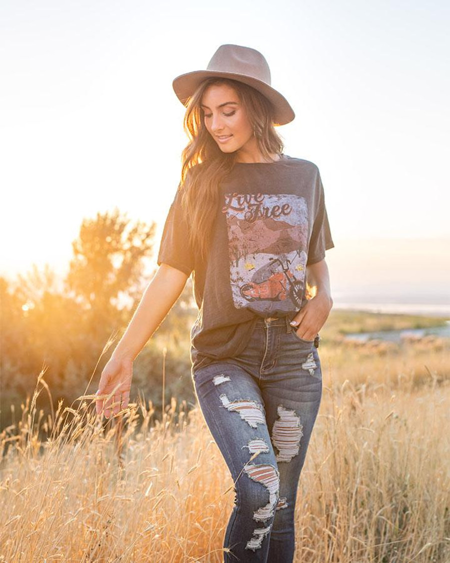 Grace and Lace Washed & Worn Graphic Tee - Live Free