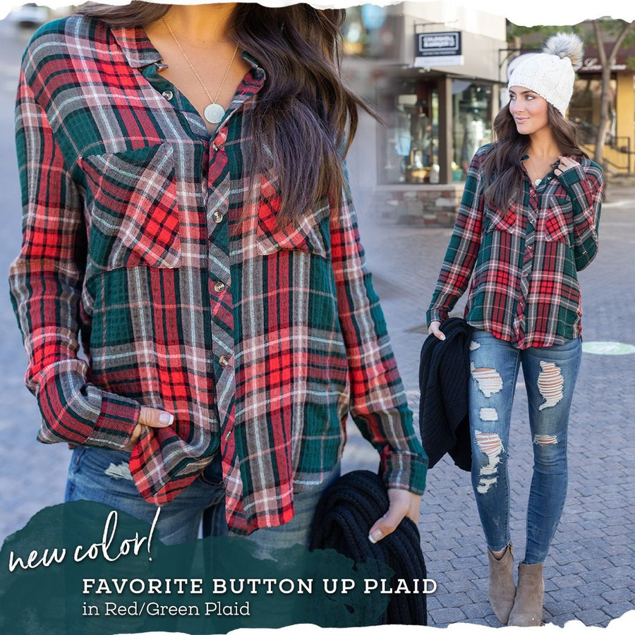 Grace and Lace Favorite Button Up Plaid - Red/Green Plaid