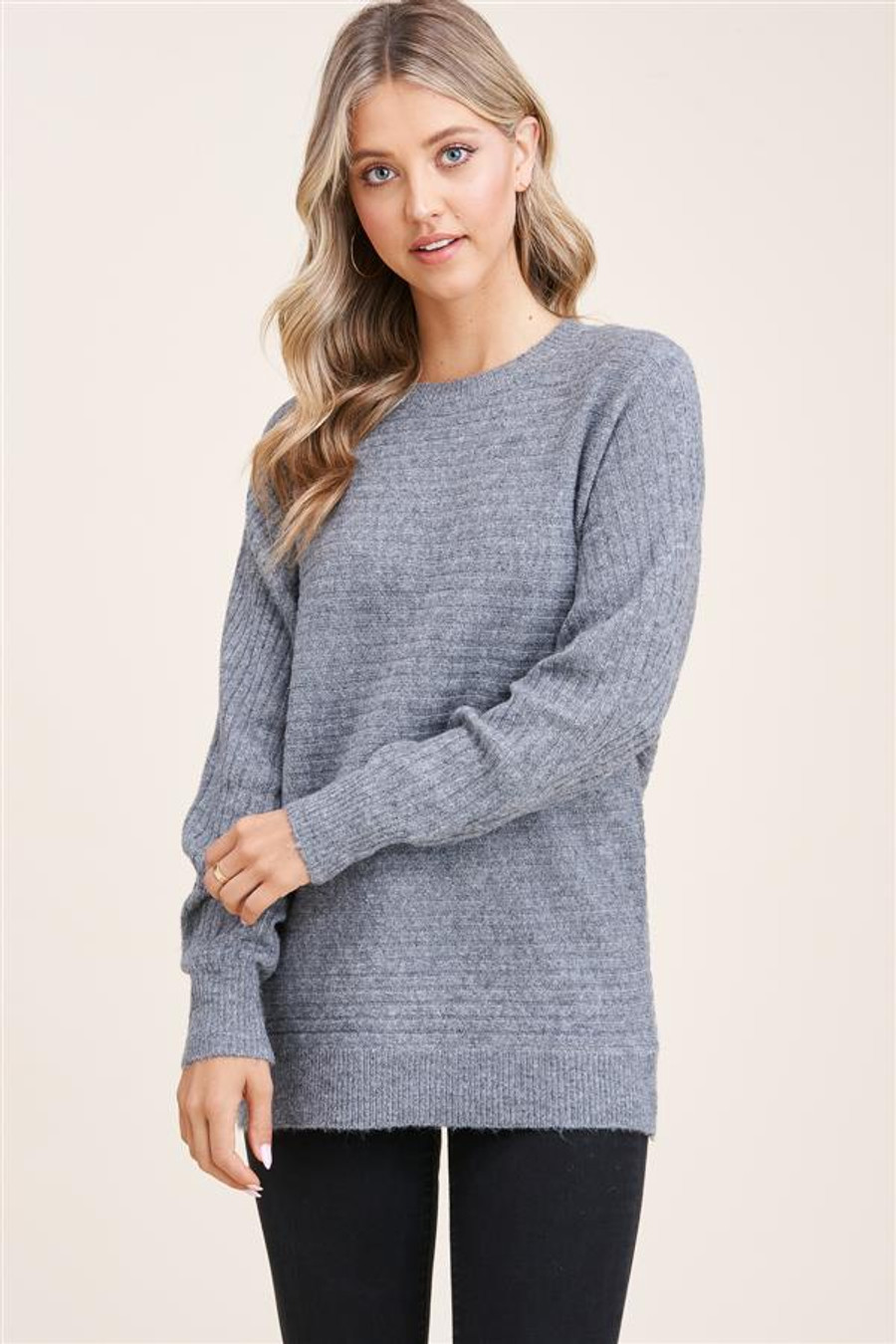 Staccato Ribbed Dolman Sleeve Sweater Cardigan - Charcoal