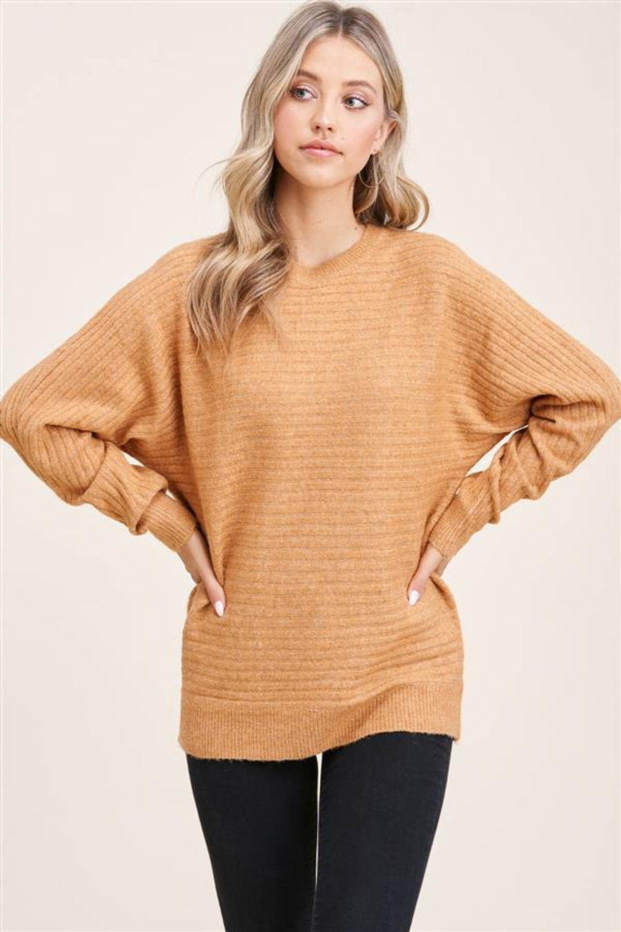Staccato Ribbed Dolman Sleeve Sweater Cardigan - Amber