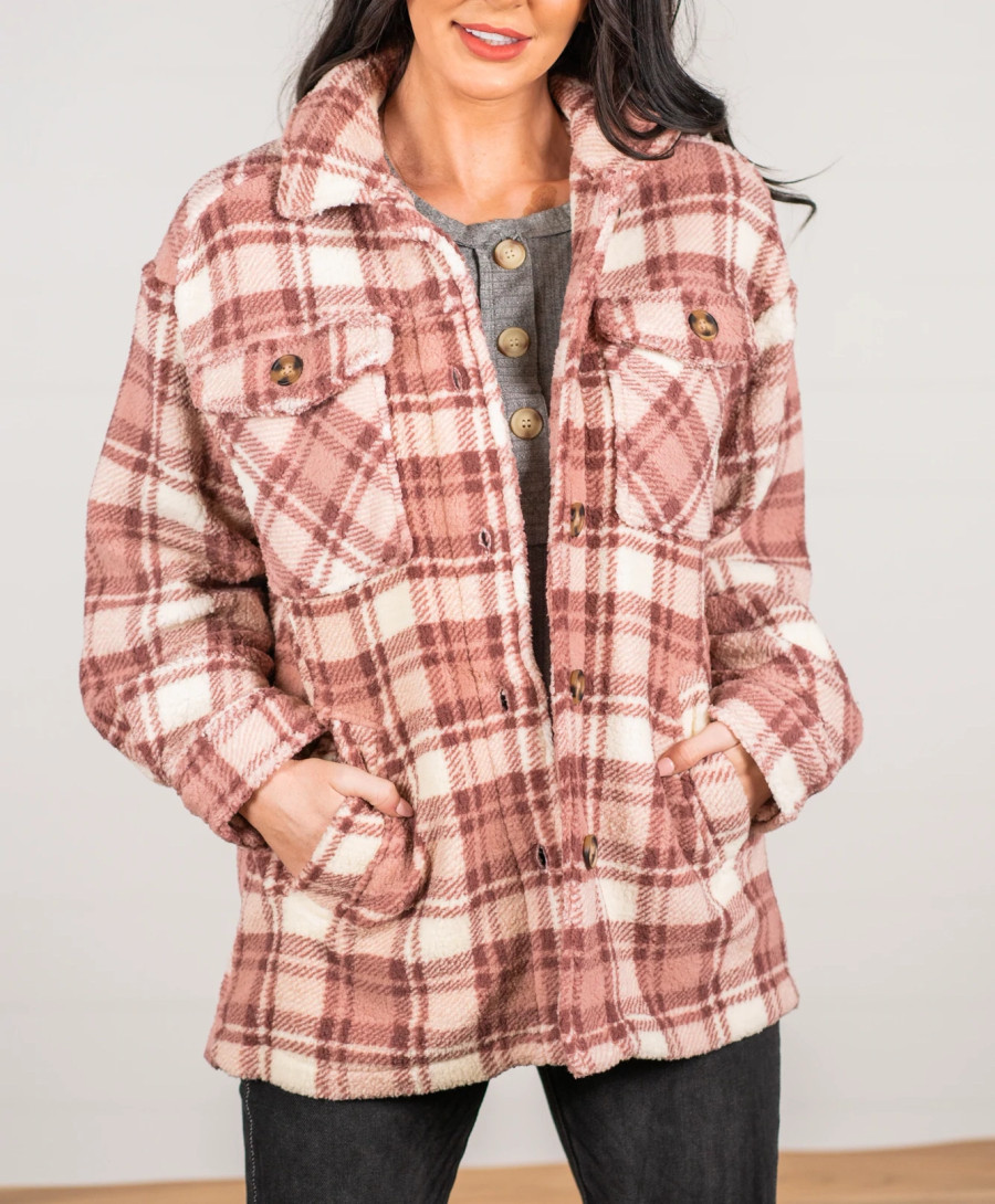 Sherpa Plaid Shacket - Mauve