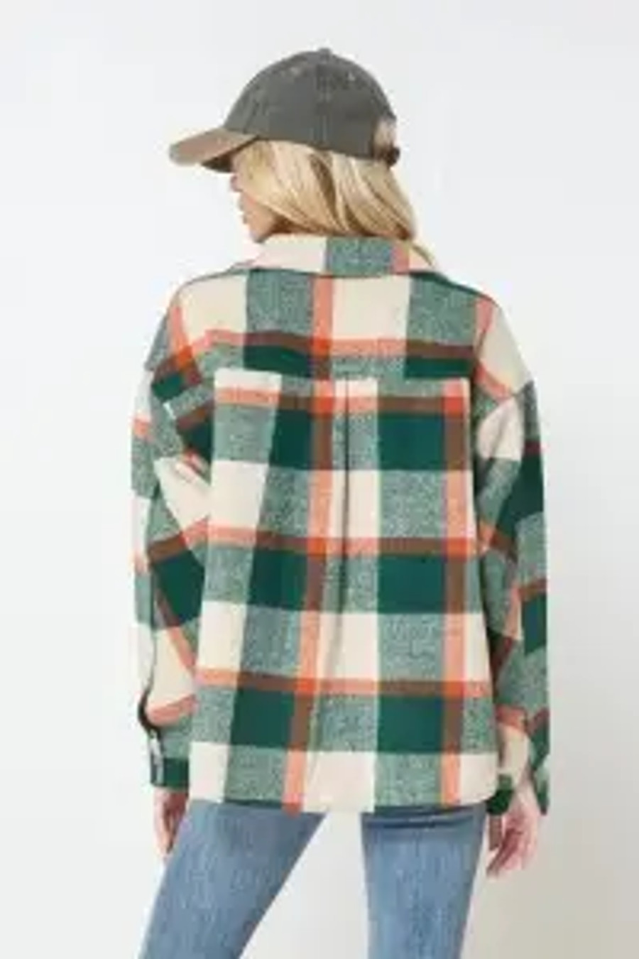 Cropped Frayed Button Up Flannel Shacket - Hunter Green