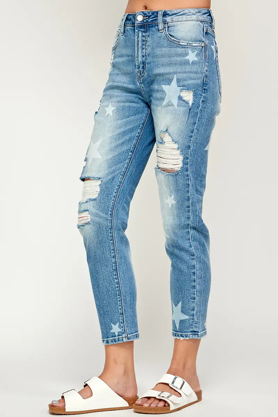 I&M Jeans - Distressed Stretch Mom Jeans w/ Stars - Medium Wash