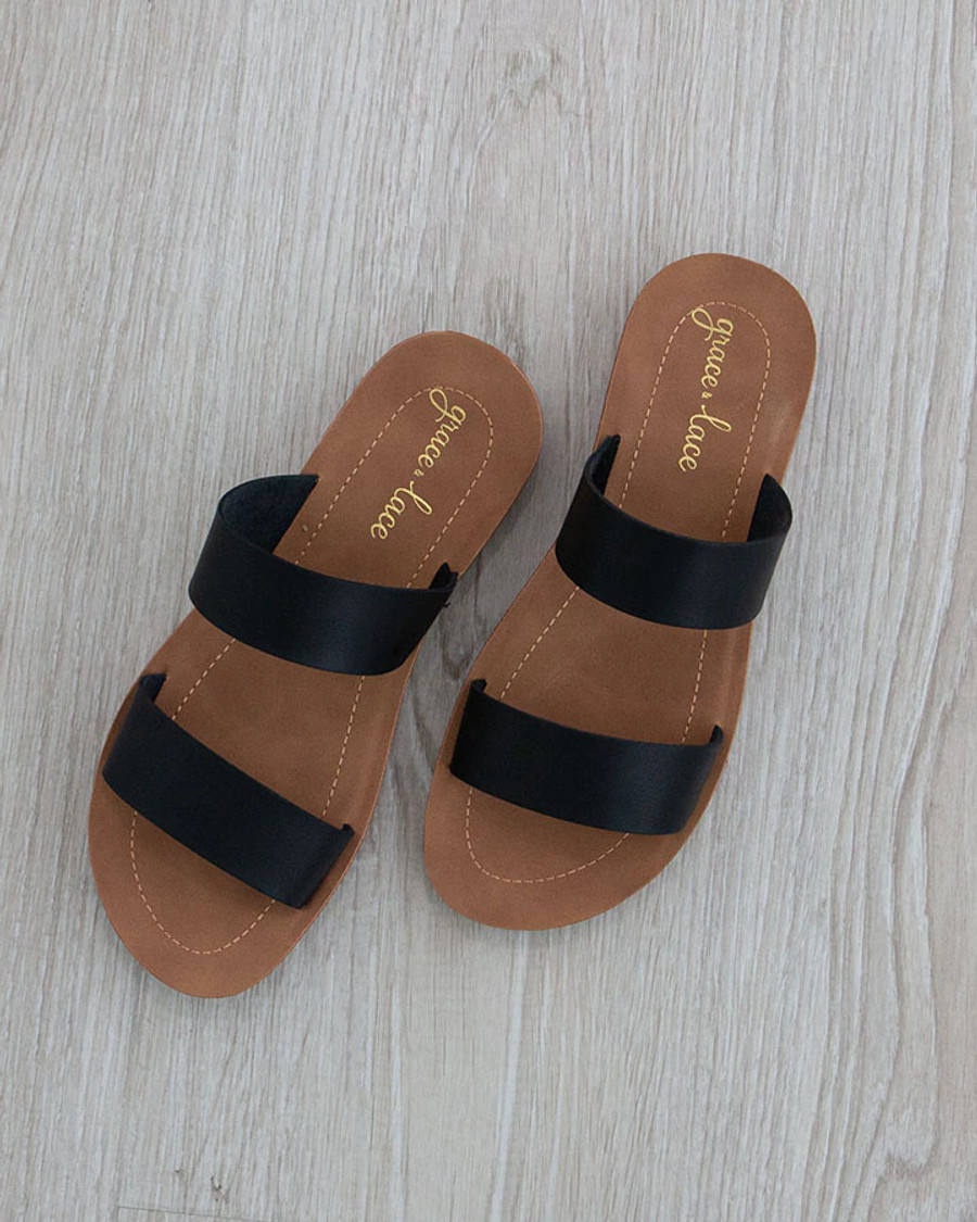 Grace and Lace Double Strap Slides - Black