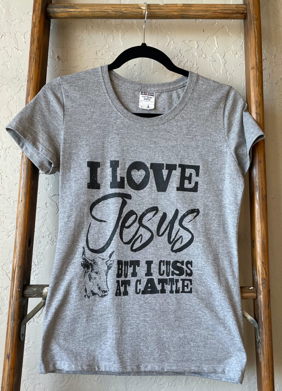I Love Jesus But I Cuss At Cattle Graphic Tee - Sports Gray