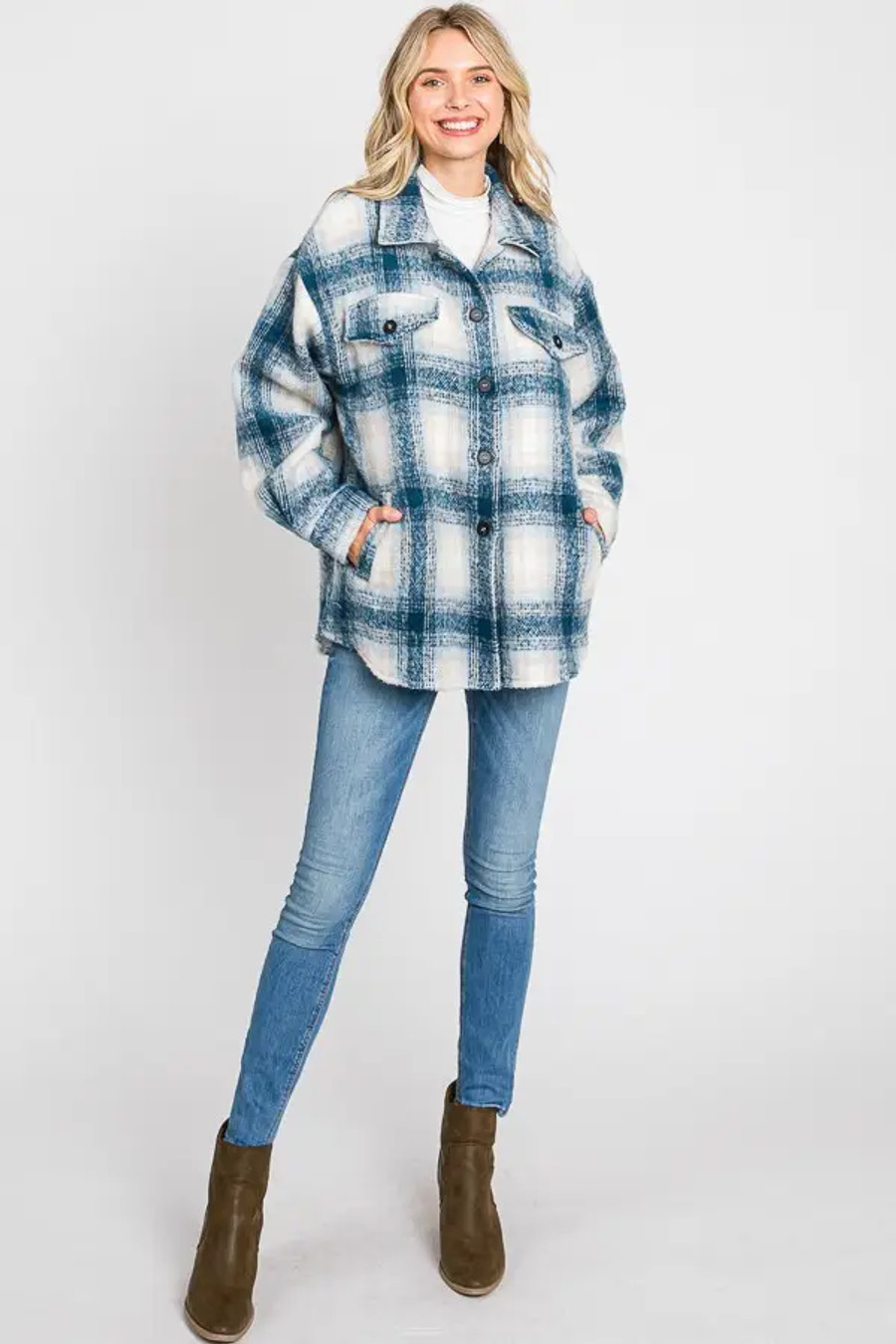 Oversized Plaid Shacket w/ Pockets - Teal/Cream