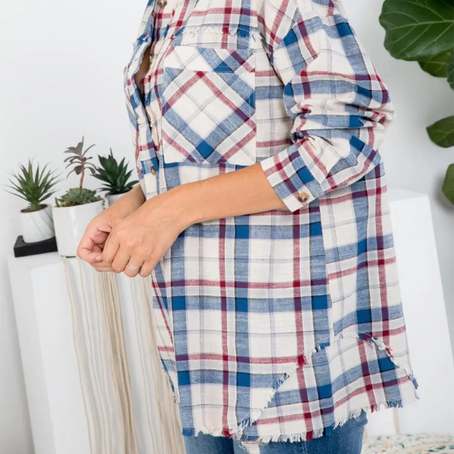 Oversized Plaid Flannel Button Down Raw-cut Hem Shirt- Navy