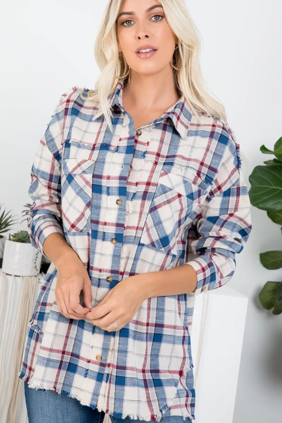 Oversized Plaid Flannel Button Down Raw-cut Hem Shirt- Navy