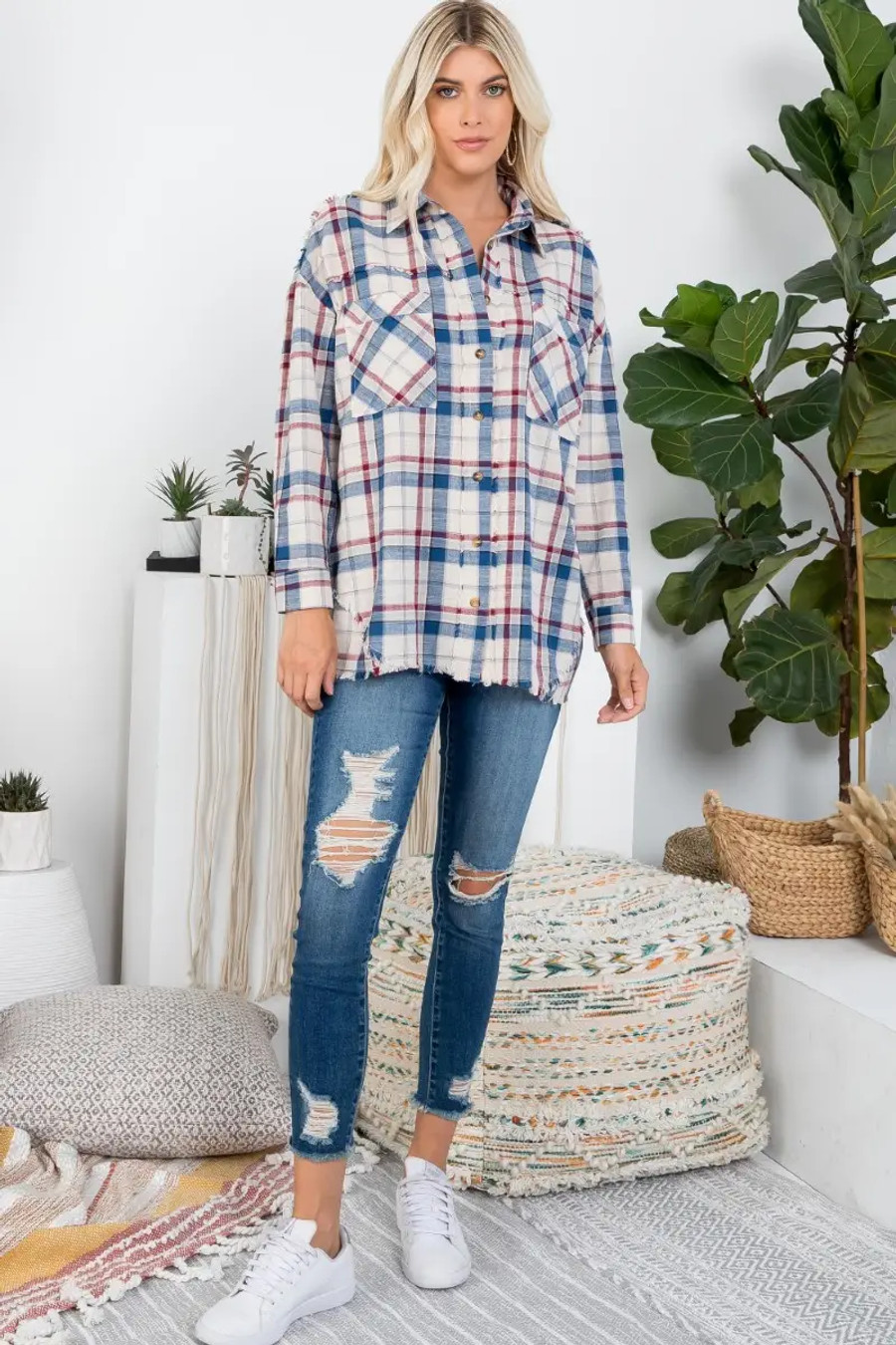 Oversized Plaid Flannel Button Down Raw-cut Hem Shirt- Navy