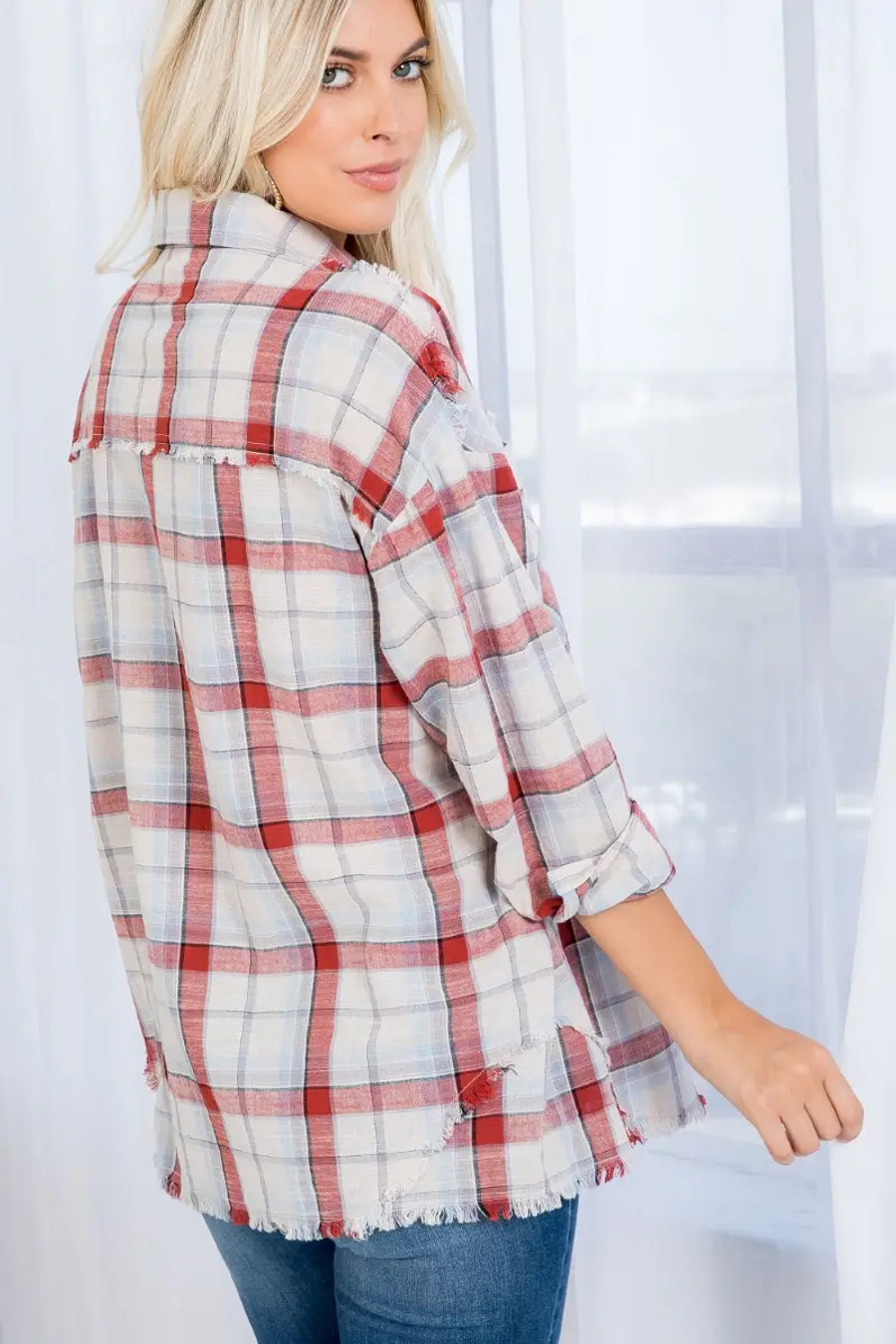 Oversized Plaid Flannel Button Down Raw-cut Hem Shirt- Rust