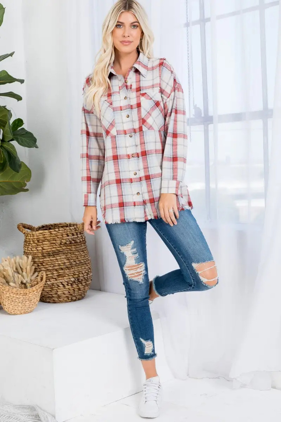 Oversized Plaid Flannel Button Down Raw-cut Hem Shirt- Rust