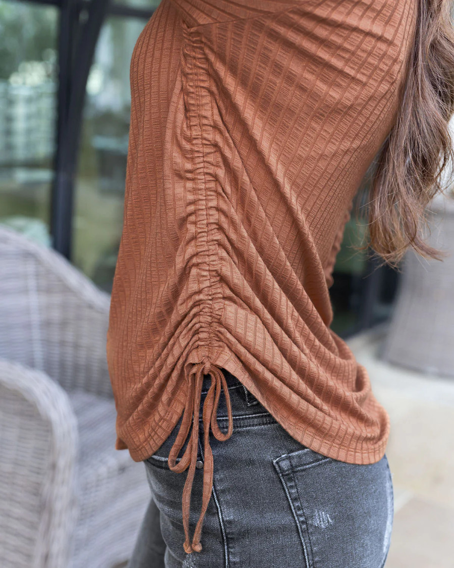Grace and Lace Cinched Ribbed Cardi Top - Whiskey