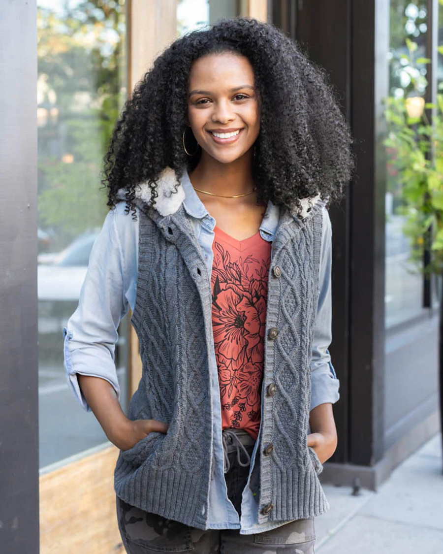Grace and Lace  Hooded Cable Knit Vest - Charcoal