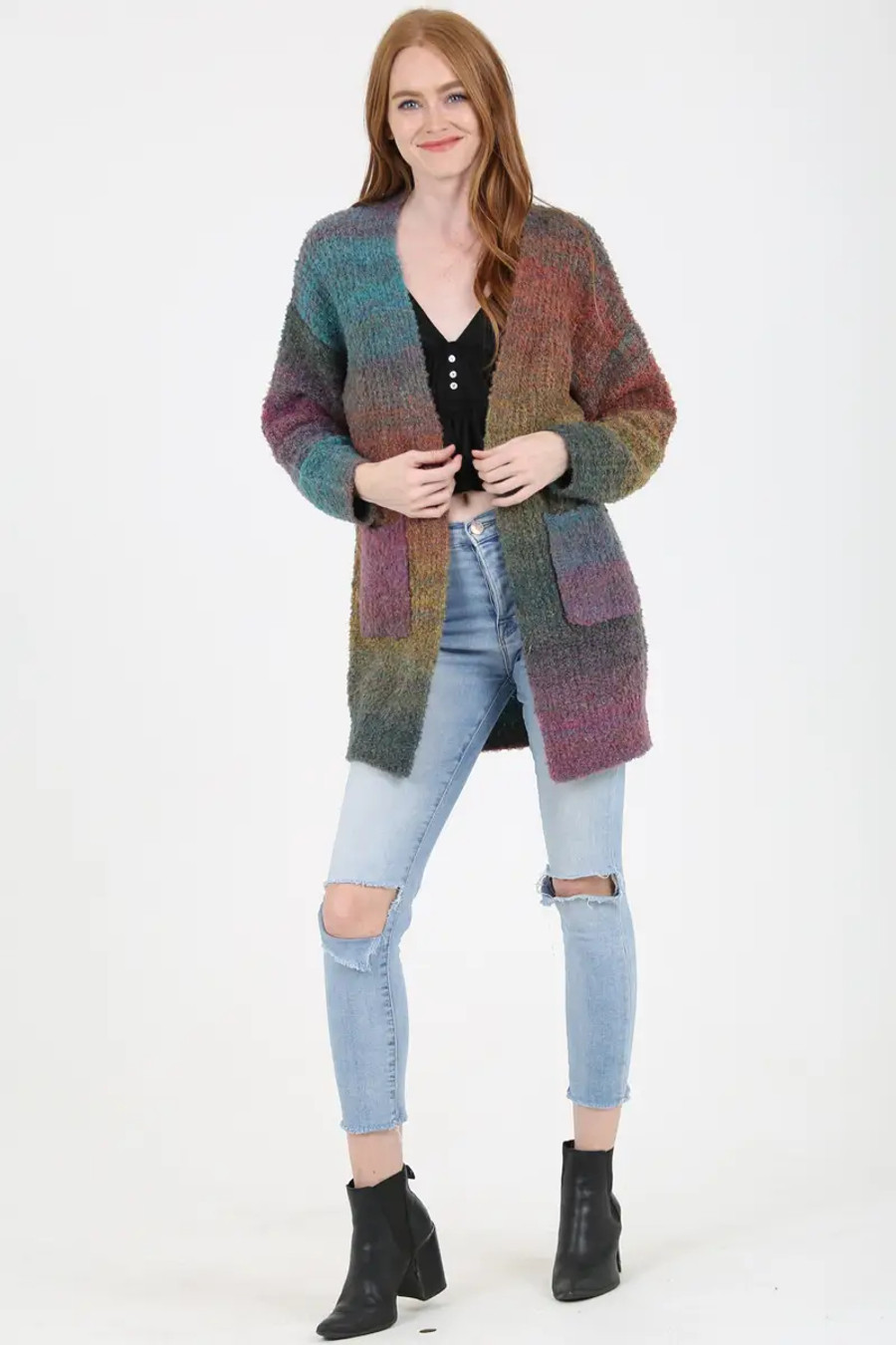 Marled Yarn Chunky Knit Cardigan with Pockets