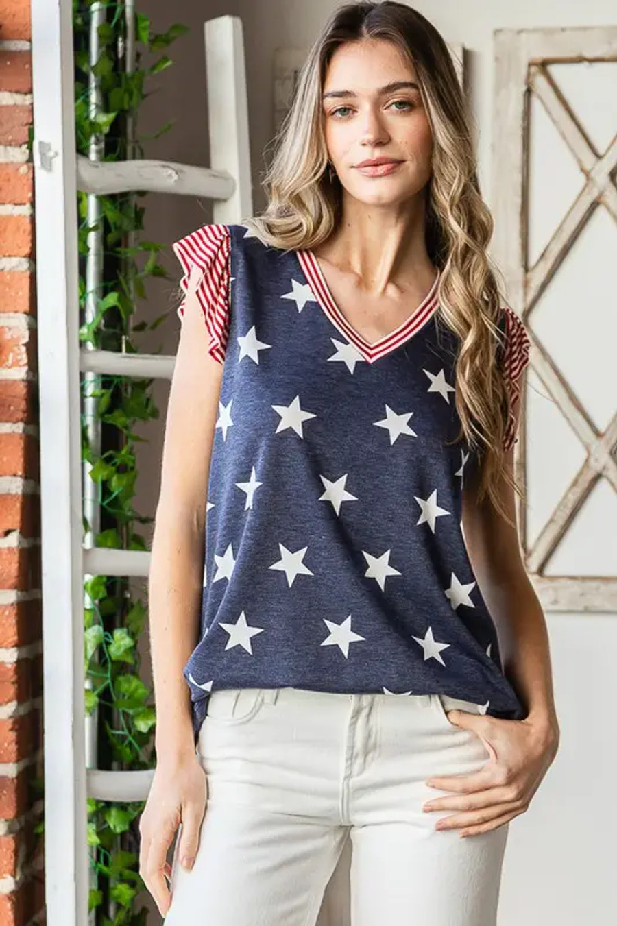 Butterfly Sleeve Flag Theme Top With Round Hem