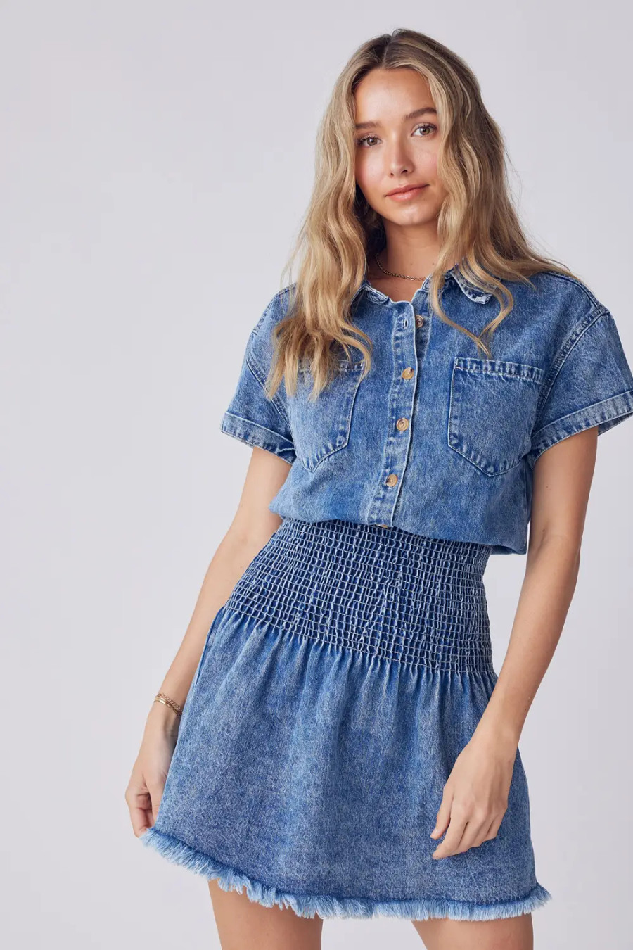 BUTTON UP SMOCKING WAIST DENIM MINI DRESS