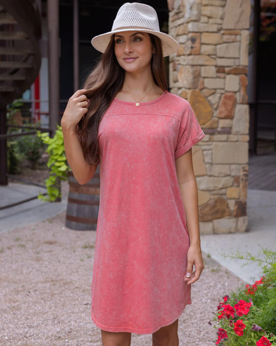 Grace and Lace- Mineral Washed T-Shirt Dress in Washed Pink