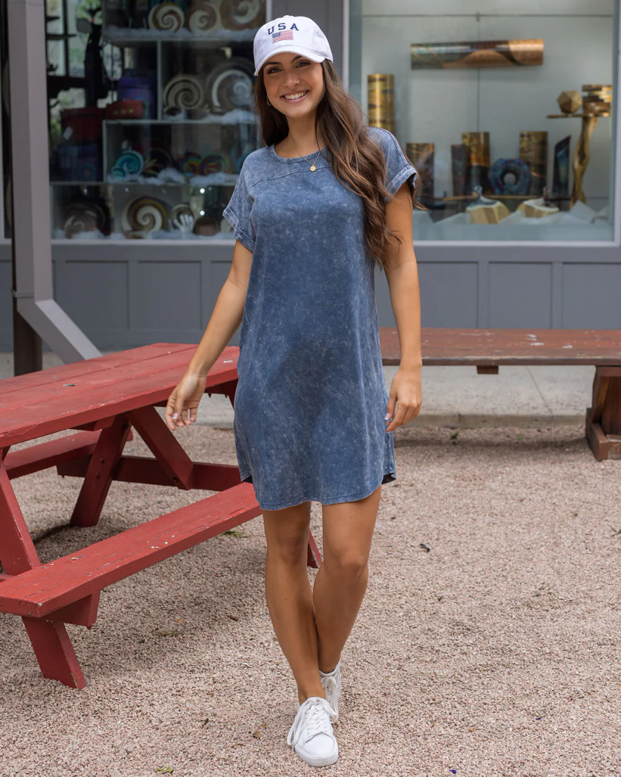 Grace and Lace Mineral Washed T-Shirt Dress in Washed Navy
