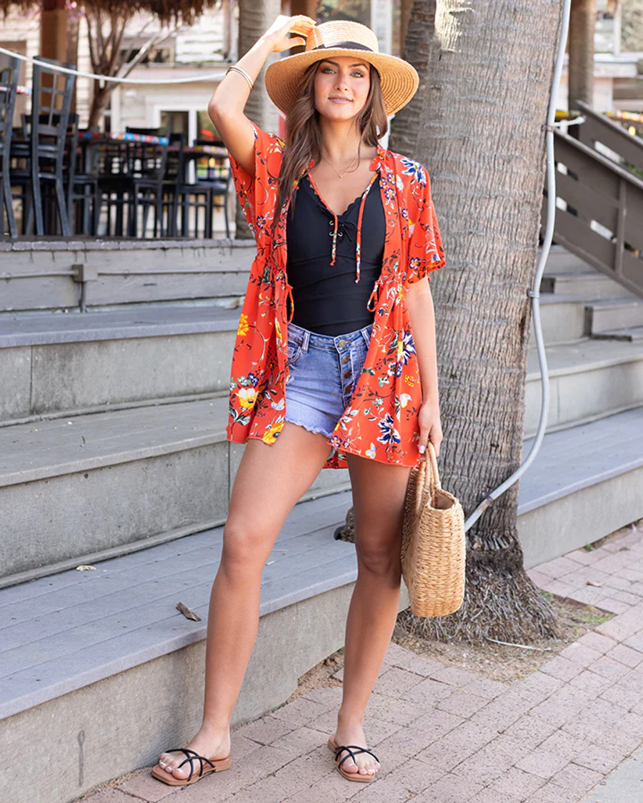 Grace and Lace- UVB Cover Up Kimono in Coral Floral