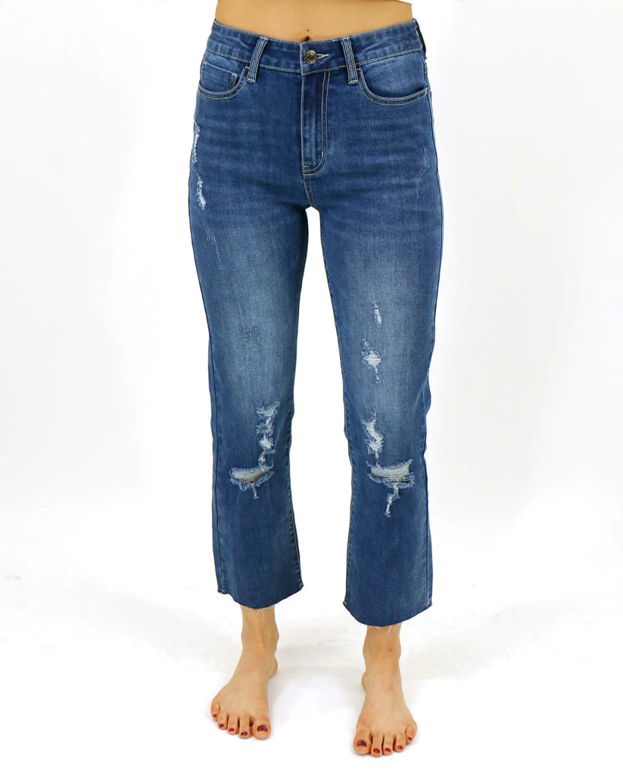Grace and Lace- Mel's Fave Distressed Straight Leg Cropped Denim in Vintage Mid-Wash