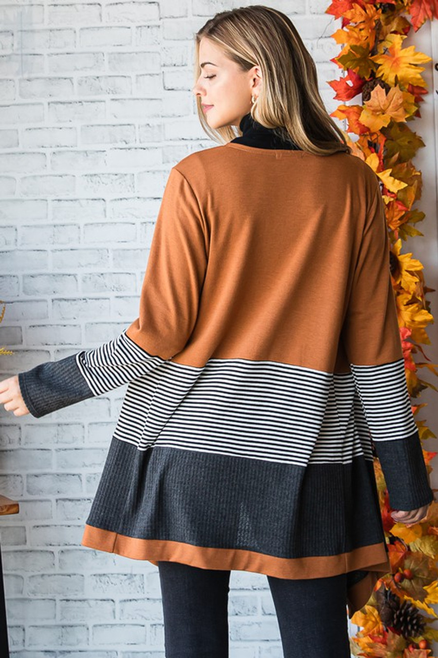 Solid and Waffle and Stripe Open Cardigan- In Camel