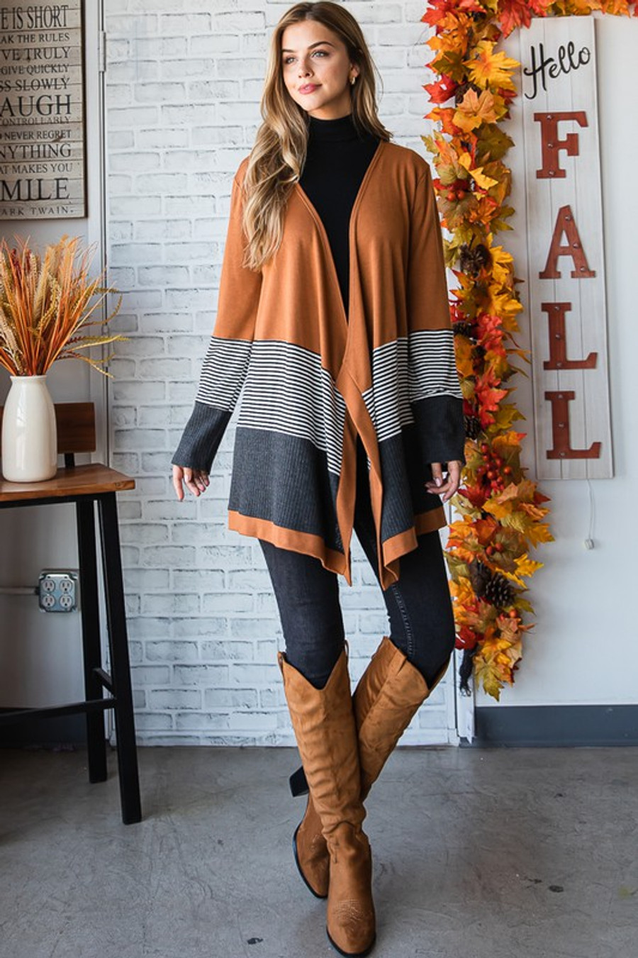 Solid and Waffle and Stripe Open Cardigan- In Camel