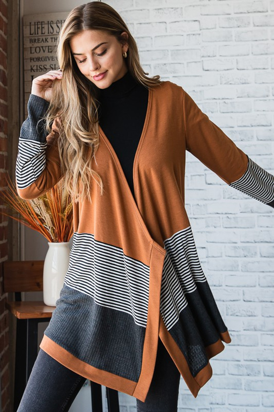 Solid and Waffle and Stripe Open Cardigan- In Camel