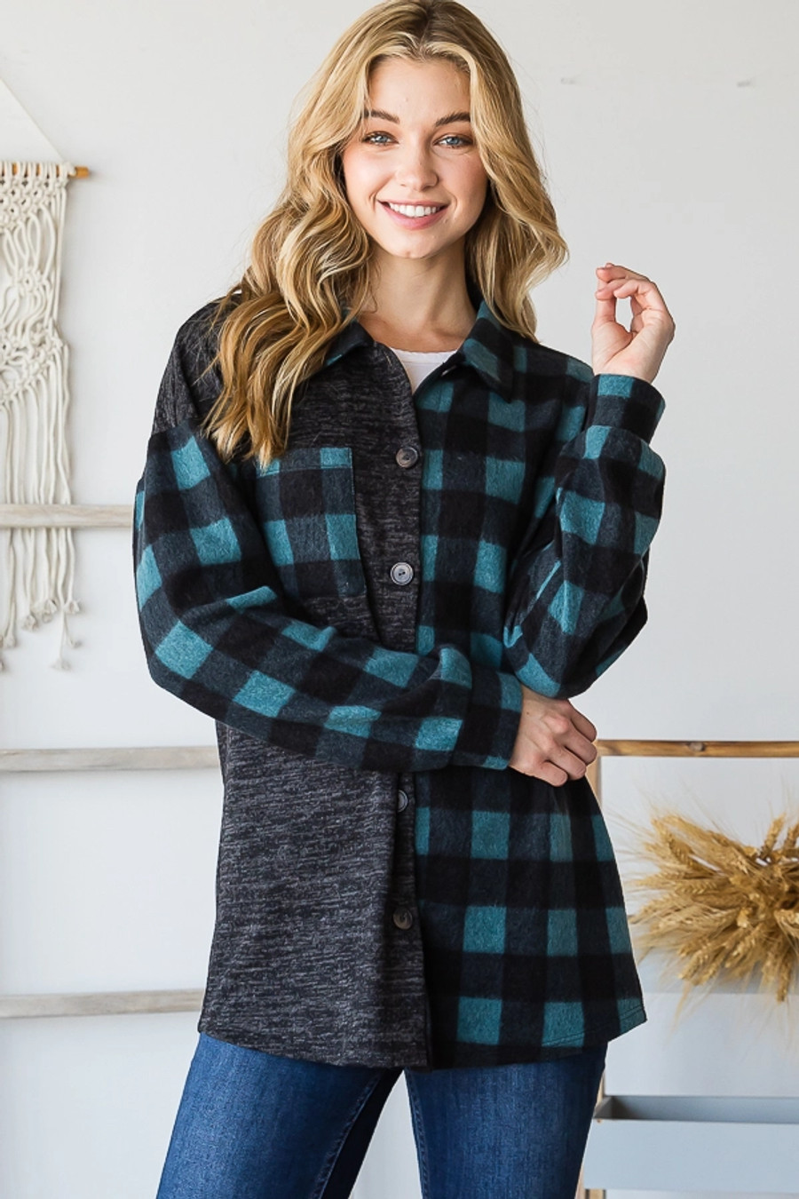 Solid and Plaid Shacket with Pocket In Teal